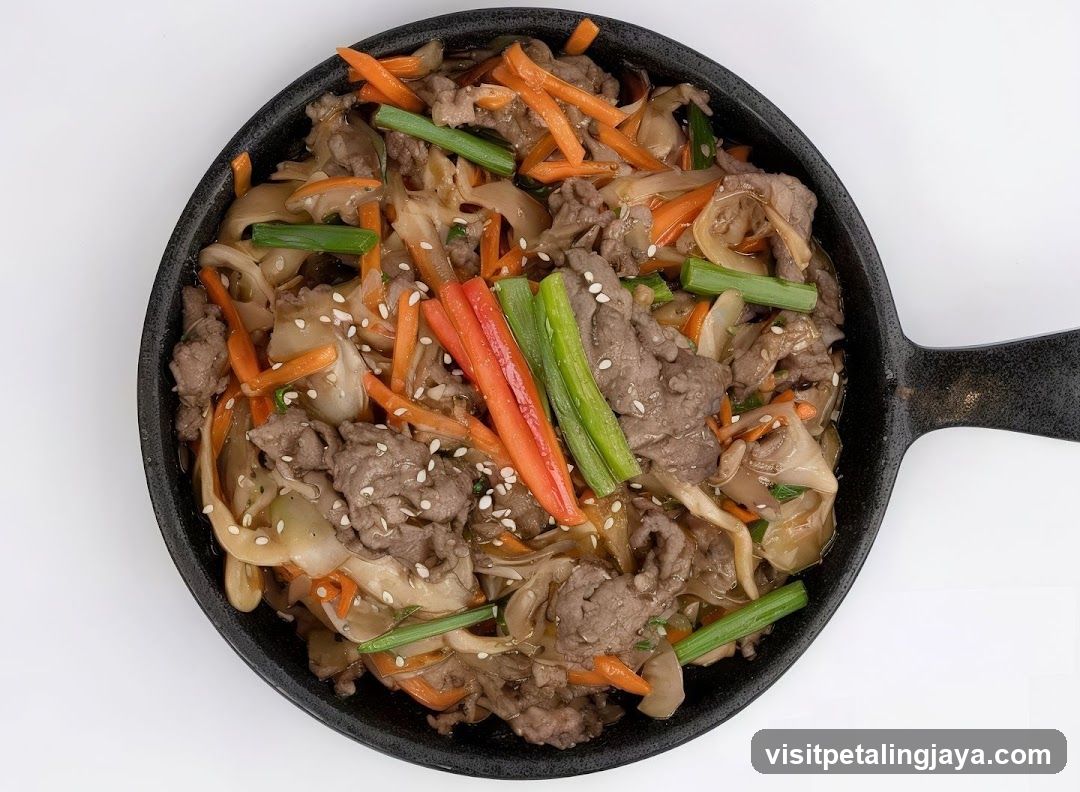 Stir-fried Beef and Noodles in Skillet