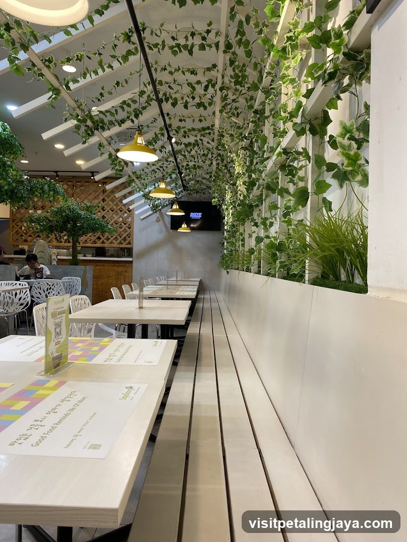Interior of a modern cafe with greenery