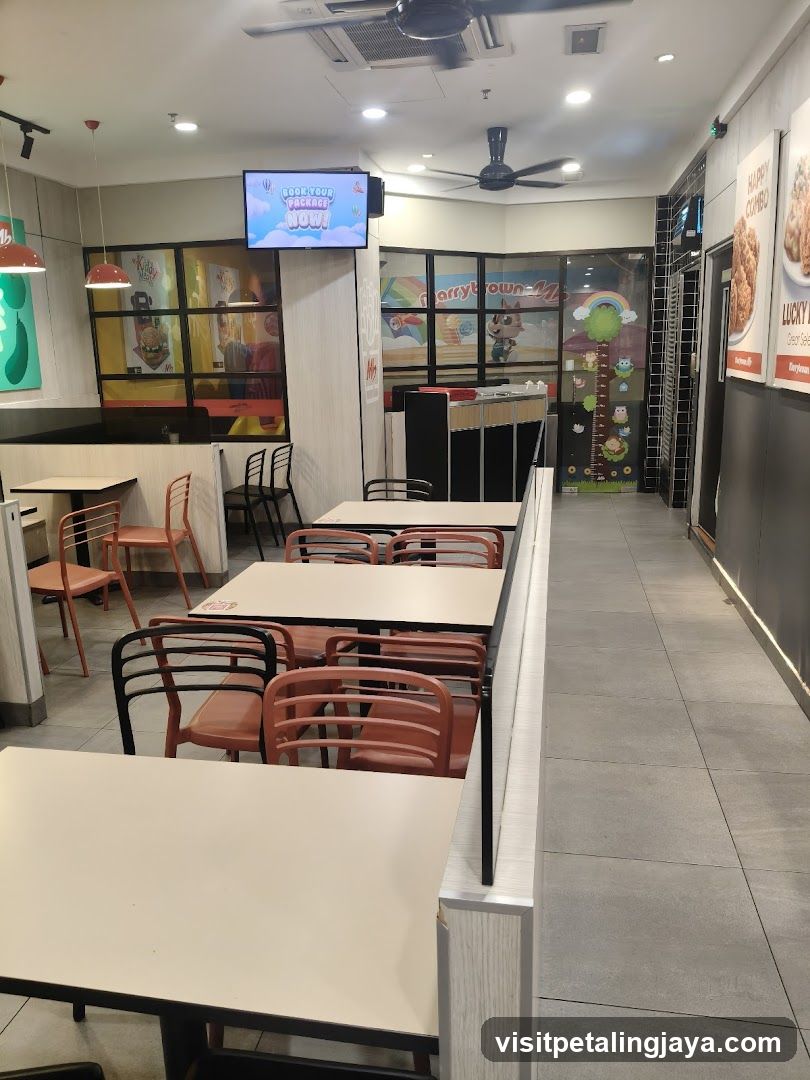 Restaurant Interior with Seating Area and TV Screen