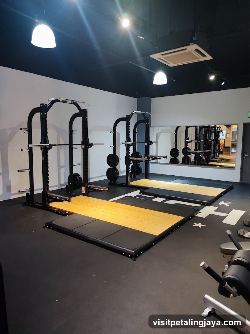 Gym Interior with Squat Racks and Mirrors