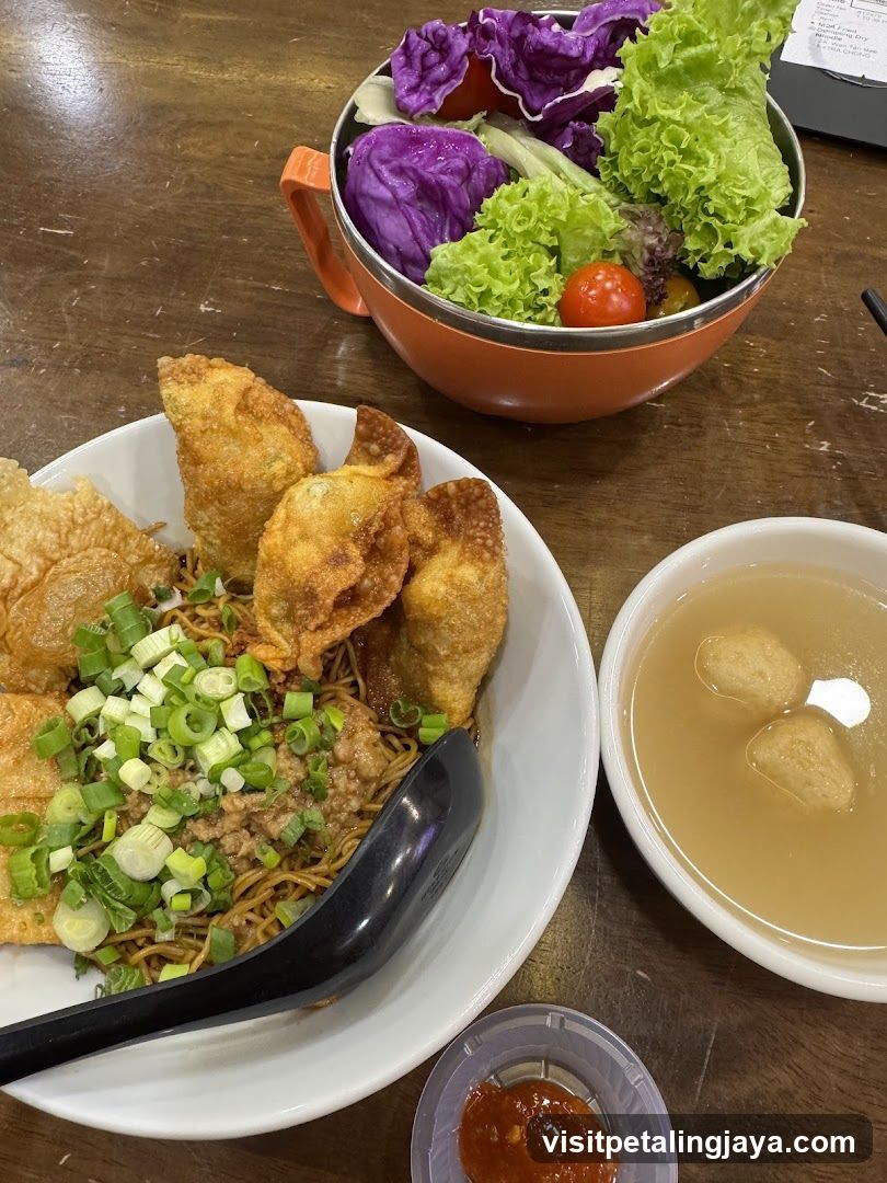 Noodle Meal with Dumplings and Salad