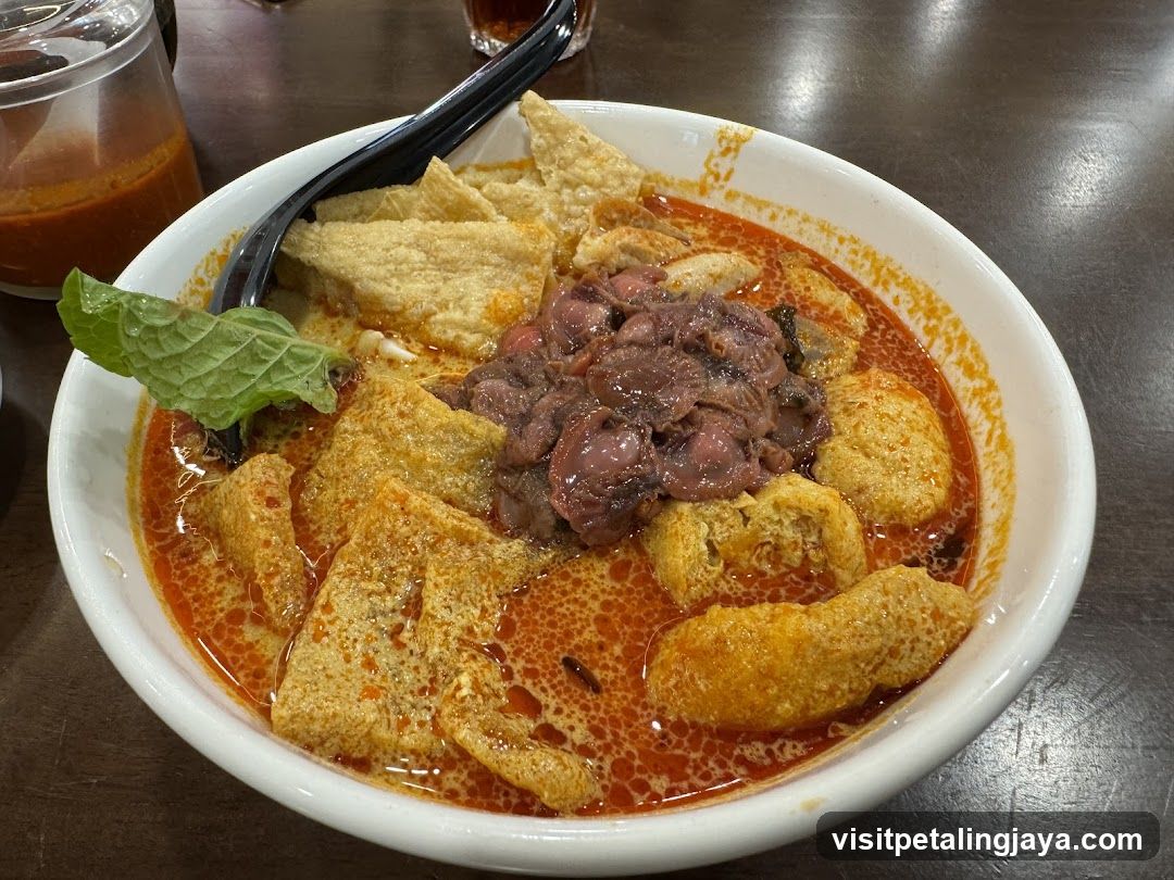 Bowl of spicy noodle soup with toppings