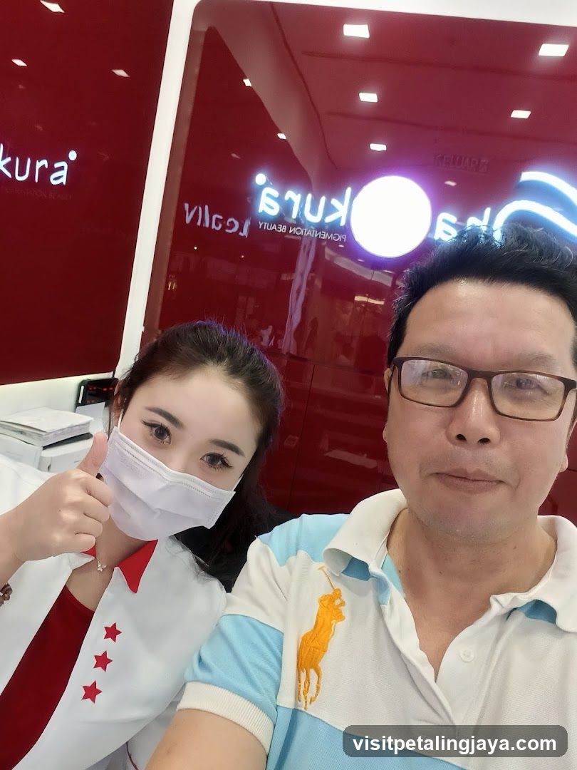 Selfie with staff at shop interior