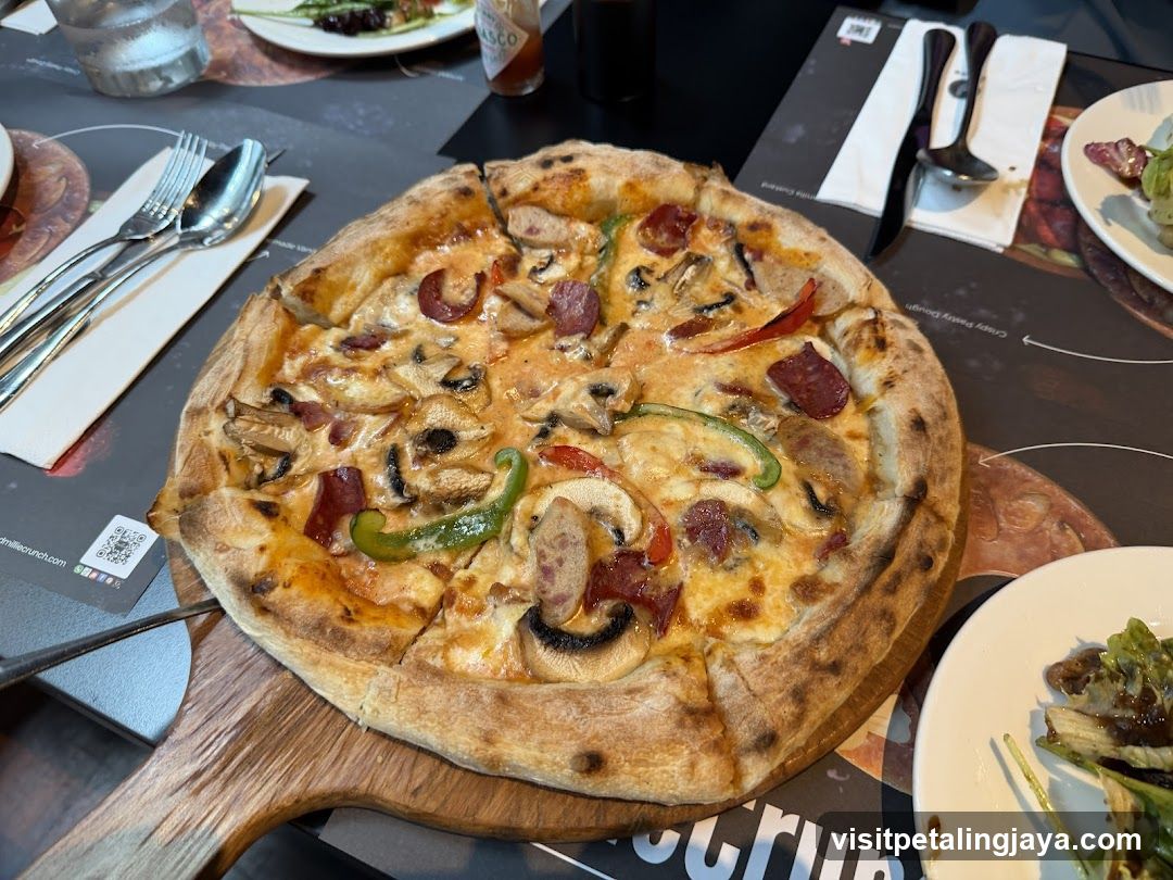 Pizza with Mushrooms and Peppers on Wooden Board
