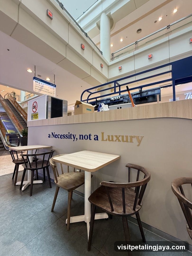 Interior seating area with signage