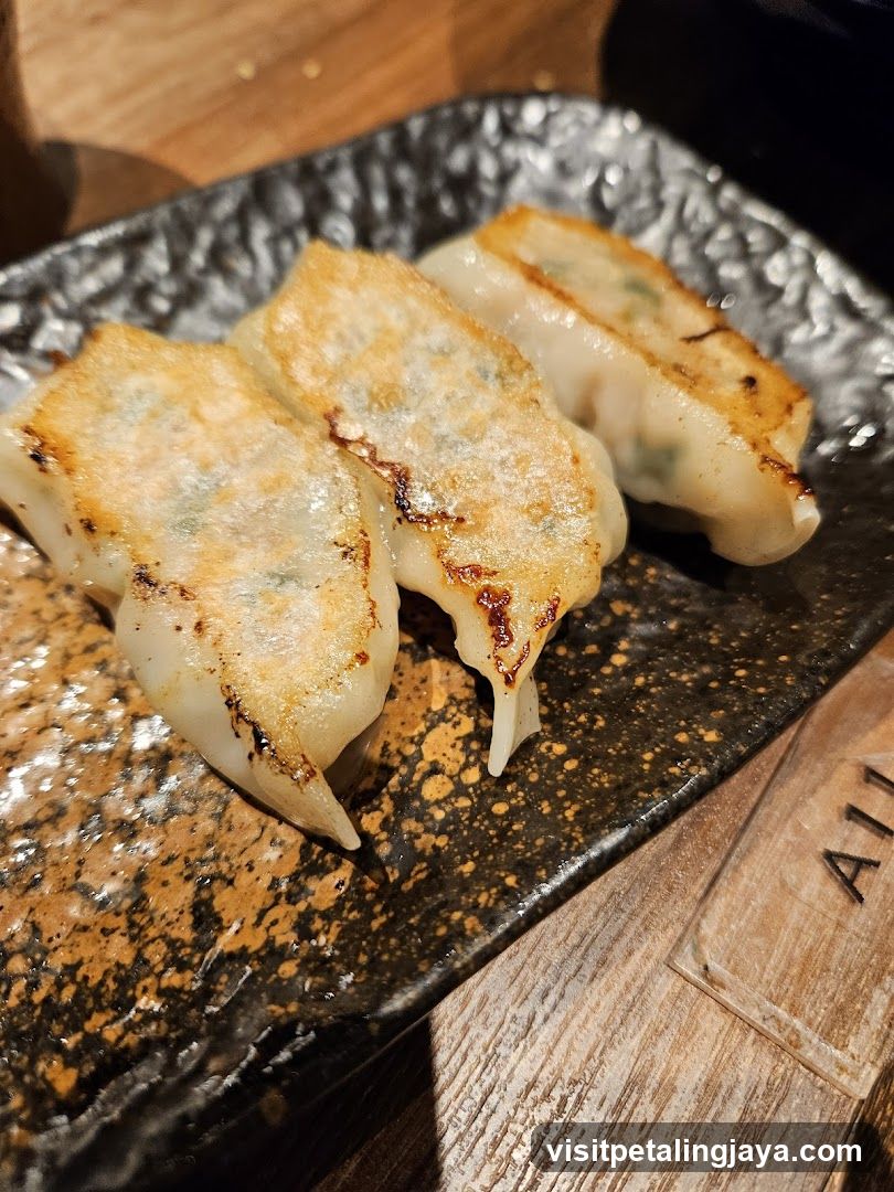 Gyoza on a speckled plate