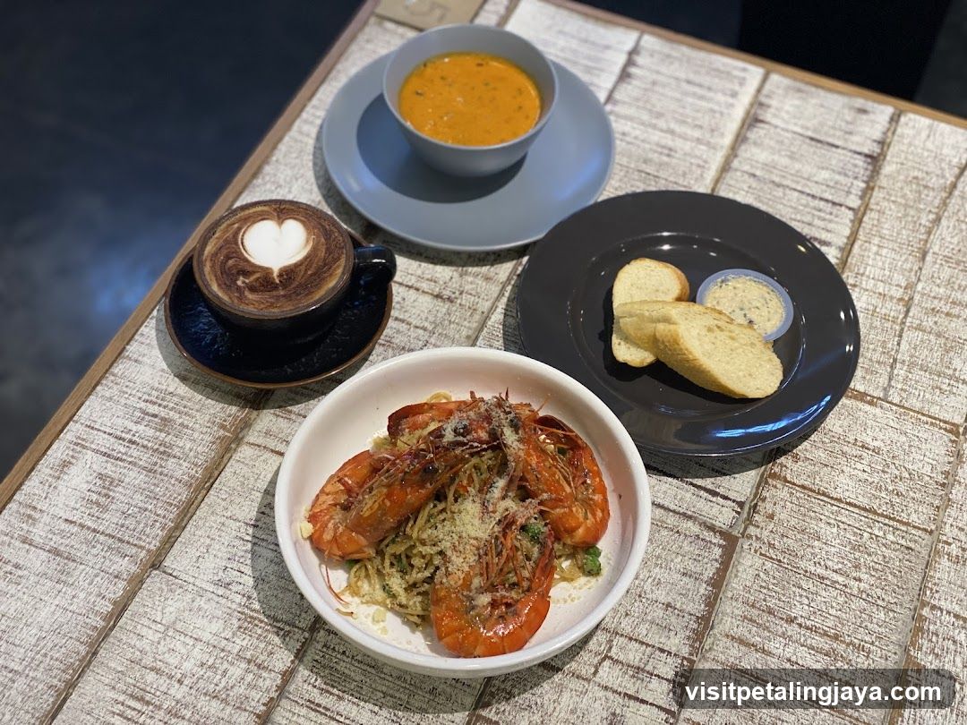 Shrimp Pasta and Coffee Meal