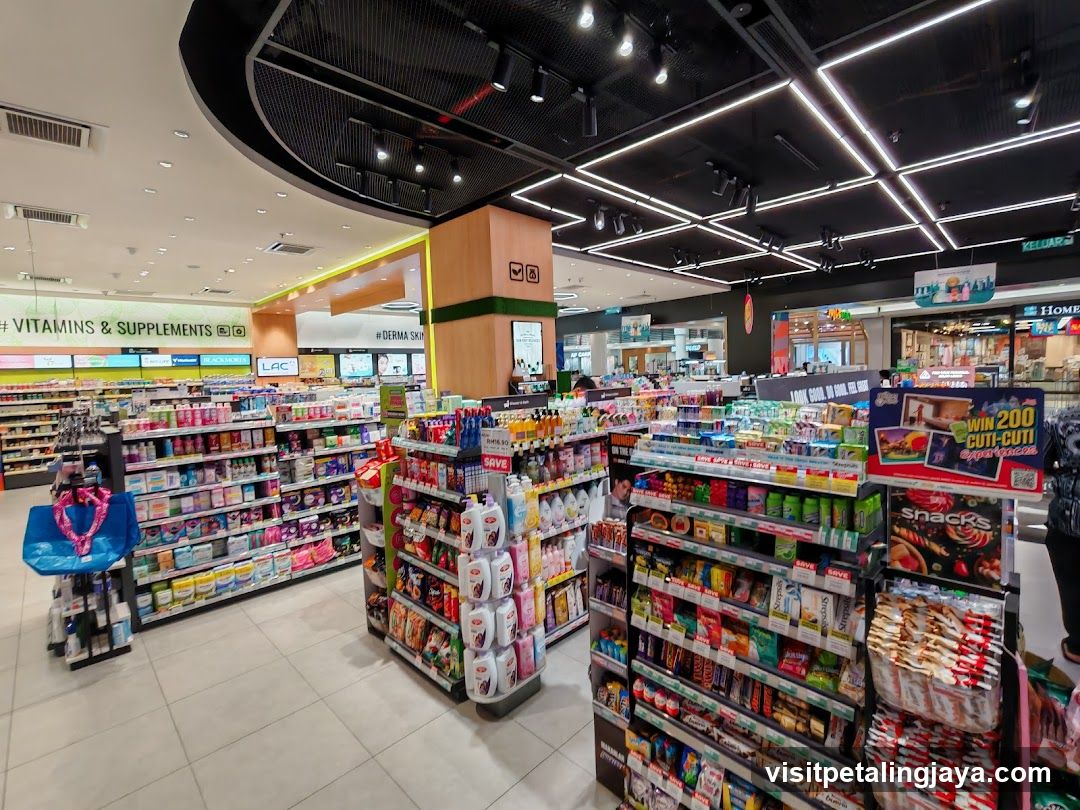 Interior of a well-lit retail store with shelves stocked with various products.