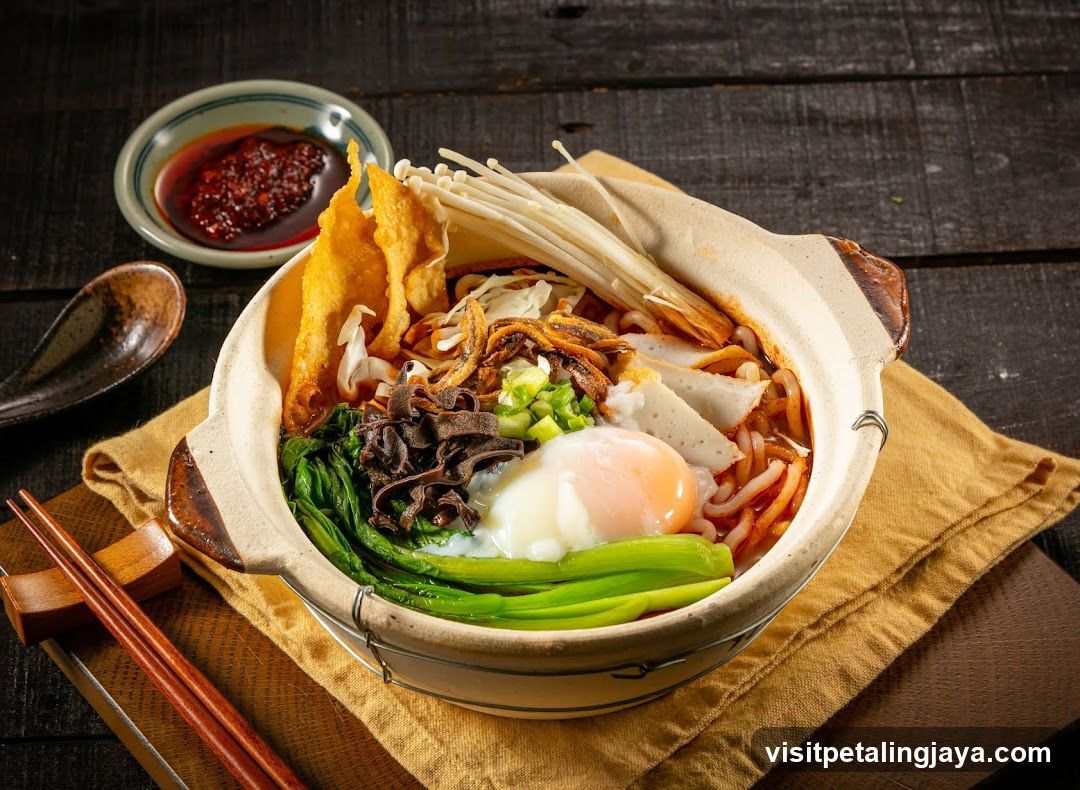 Korean Claypot Noodle Bowl with Egg and Vegetables