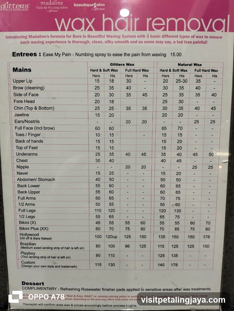Madaline's Wax Hair Removal Price List