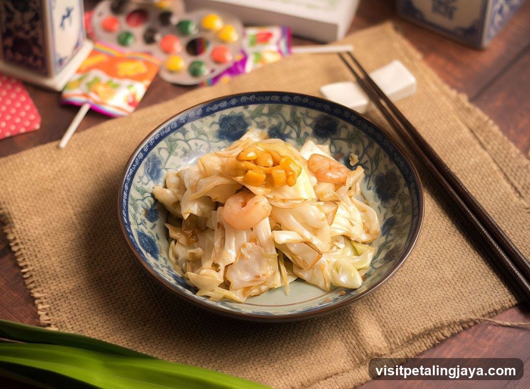 Cabbage and Shrimp Stir Fry with Candy Background