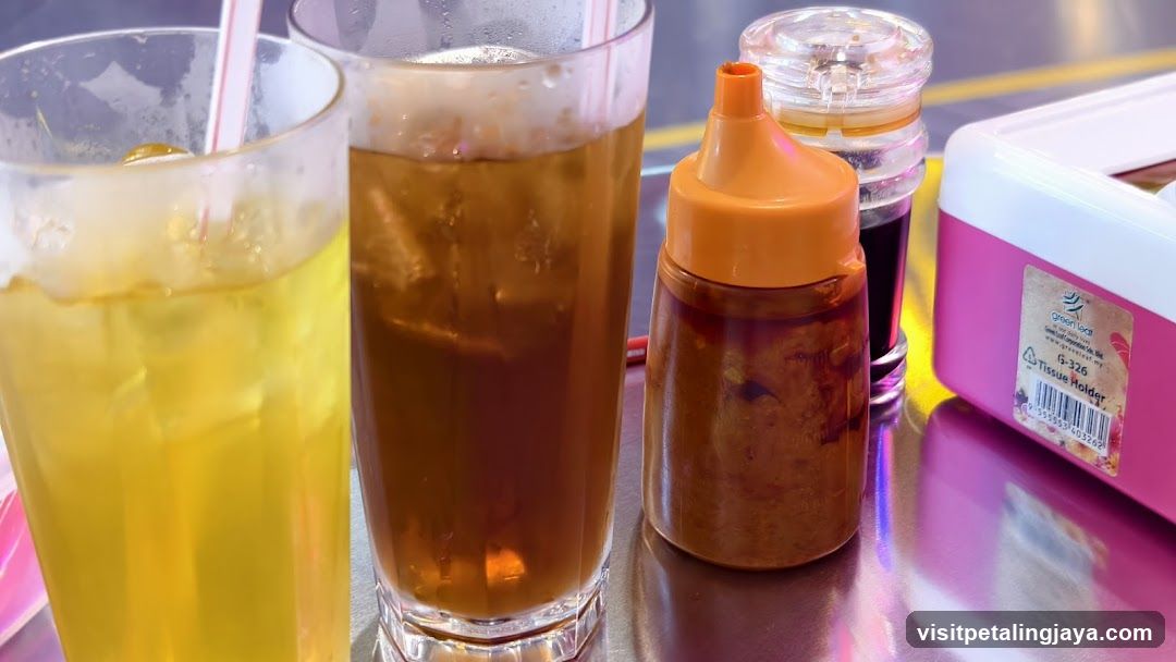 Beverages and condiments on a table