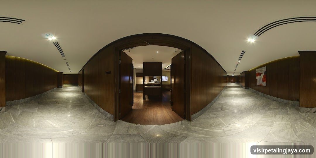 Interior Hallway with Wooden Panels and Marble Flooring
