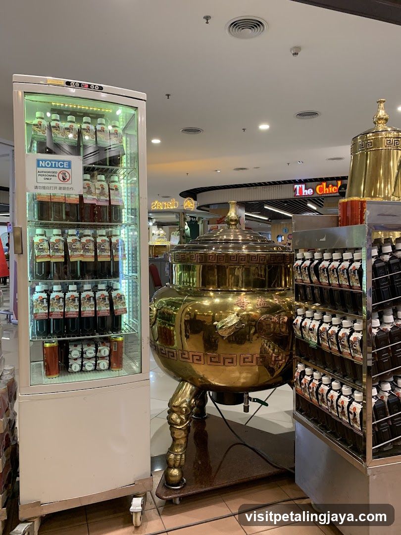 Interior of a store with golden urn and beverage display