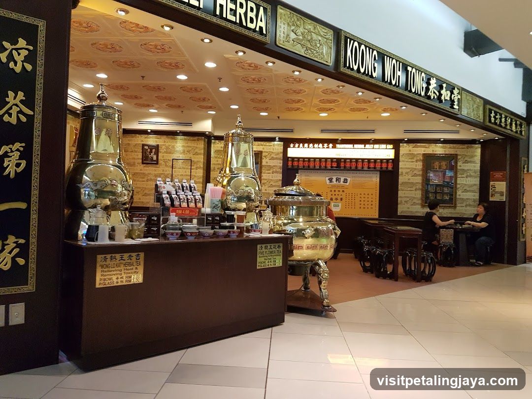 Tea Shop Interior with Large Teapots and Signage