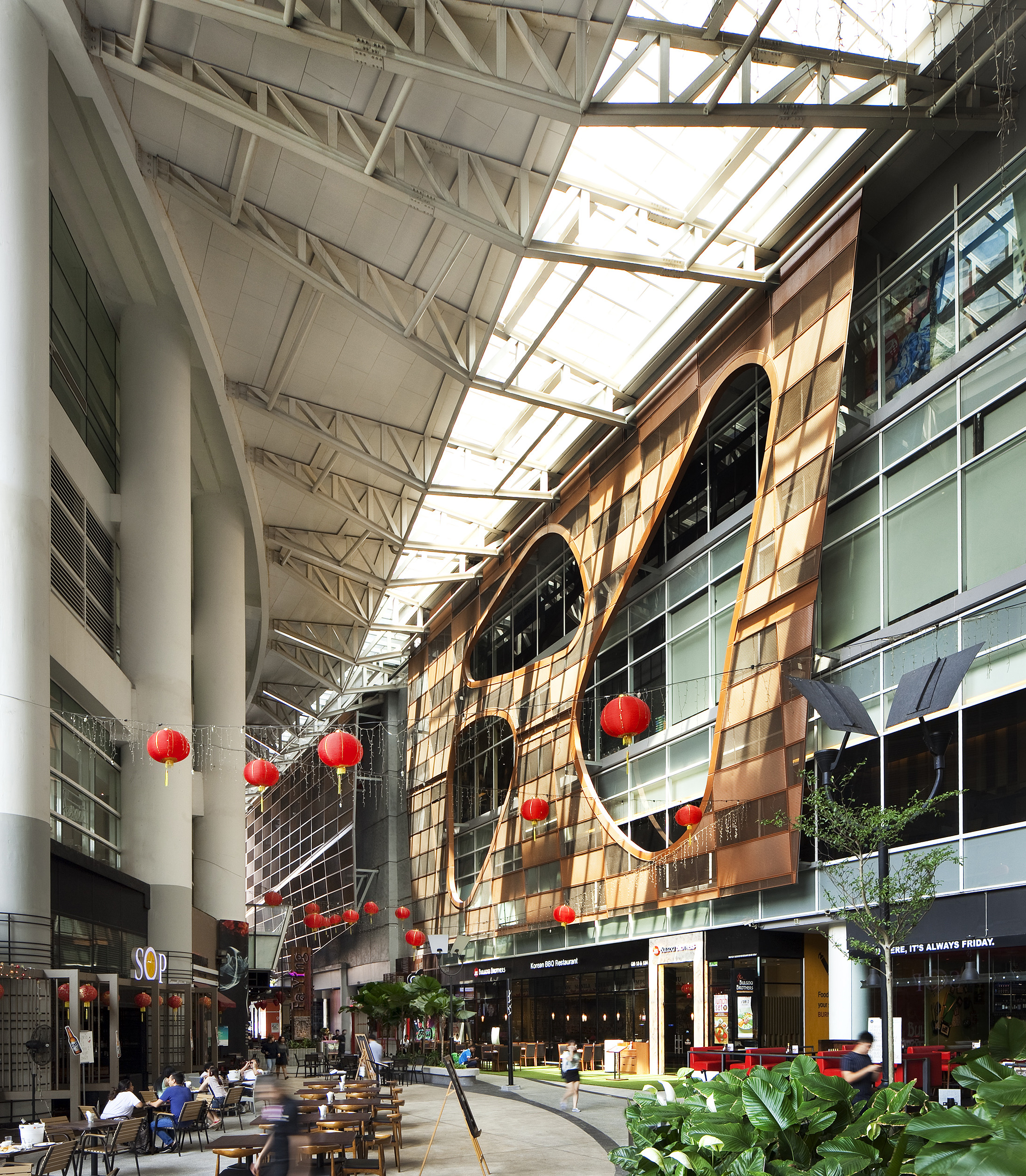 Covered plaza and restaurant terrace at Paradigm Mall Kelana Jaya under the skylight