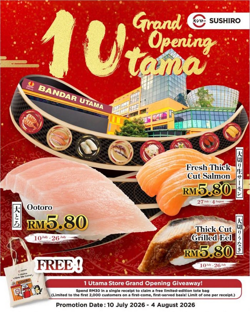 Sushiro 1 Utama grand opening promotion poster showing special menu items and free tote bag